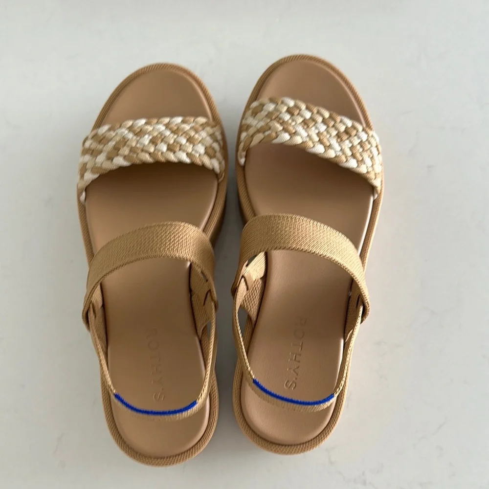 Rothy's Tan and Cream Braided Strap Platform Sandals